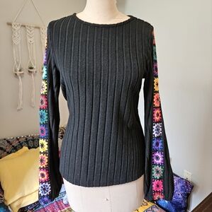 Black Sweater with Colorful Crochet Sleeves